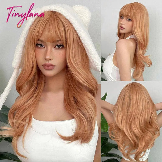 Light Pink Long Wavy Cosplay Synthetic Hair Wigs with Bangs for White Women Afro Lolita Water Wave Halloween Heat Reisitant Wig - SS69