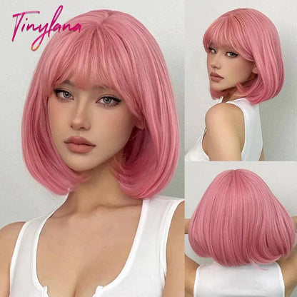 Light Pink Long Wavy Cosplay Synthetic Hair Wigs with Bangs for White Women Afro Lolita Water Wave Halloween Heat Reisitant Wig - SS69