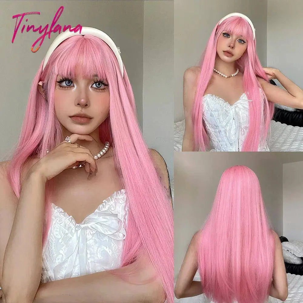 Light Pink Long Wavy Cosplay Synthetic Hair Wigs with Bangs for White Women Afro Lolita Water Wave Halloween Heat Reisitant Wig - SS69