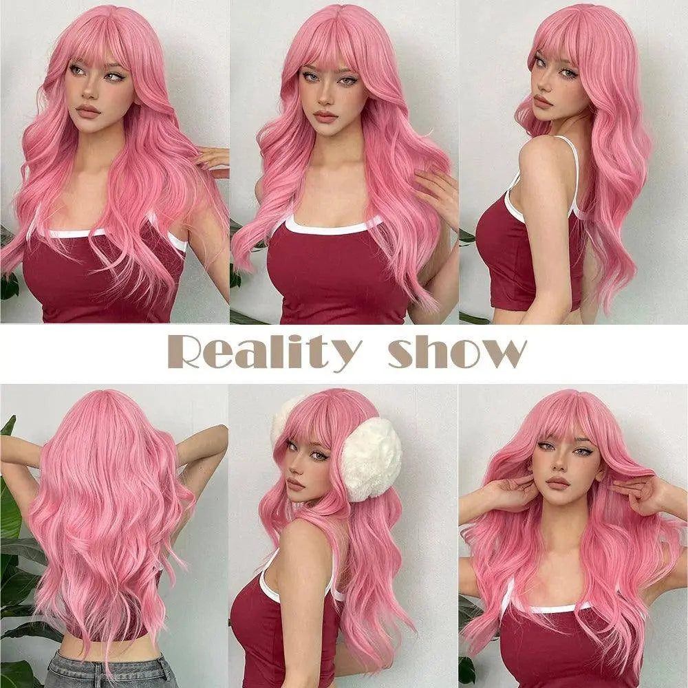 Light Pink Long Wavy Cosplay Synthetic Hair Wigs with Bangs for White Women Afro Lolita Water Wave Halloween Heat Reisitant Wig - SS69
