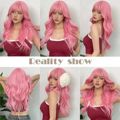 Light Pink Long Wavy Cosplay Synthetic Hair Wigs with Bangs for White Women Afro Lolita Water Wave Halloween Heat Reisitant Wig - SS69