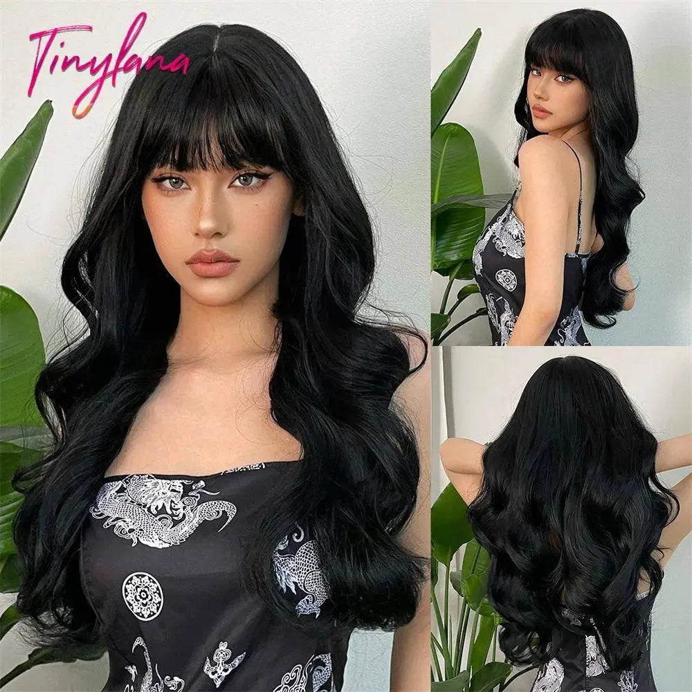 Light Pink Long Wavy Cosplay Synthetic Hair Wigs with Bangs for White Women Afro Lolita Water Wave Halloween Heat Reisitant Wig - SS69