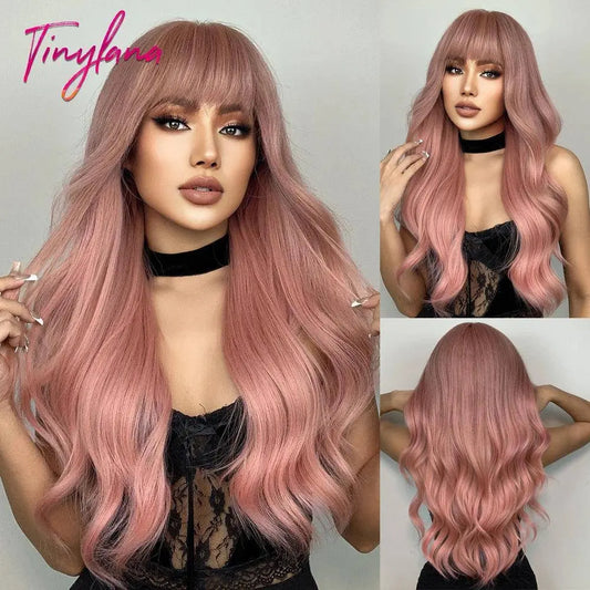 Light Pink Long Wavy Cosplay Synthetic Hair Wigs with Bangs for White Women Afro Lolita Water Wave Halloween Heat Reisitant Wig - SS69