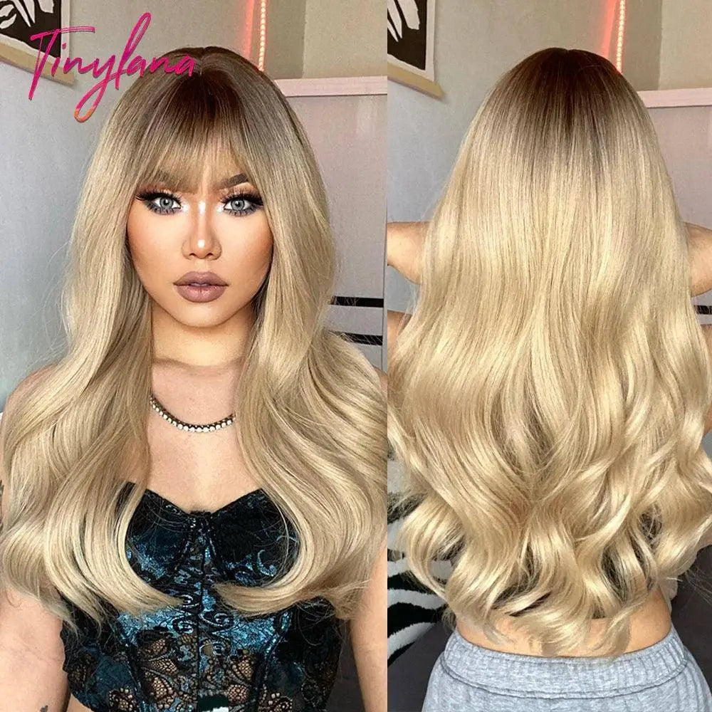 Light Pink Long Wavy Cosplay Synthetic Hair Wigs with Bangs for White Women Afro Lolita Water Wave Halloween Heat Reisitant Wig - SS69