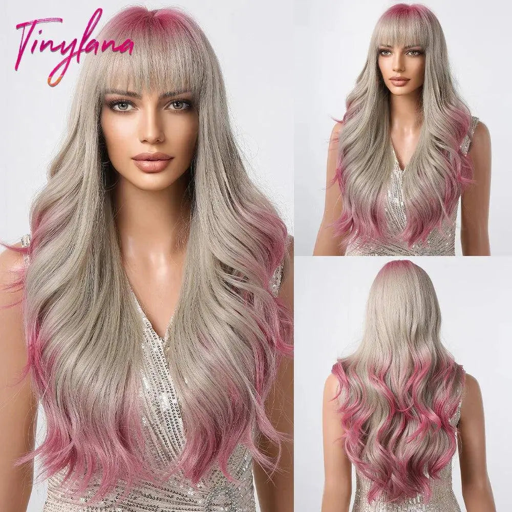 Light Pink Long Wavy Cosplay Synthetic Hair Wigs with Bangs for White Women Afro Lolita Water Wave Halloween Heat Reisitant Wig - SS69