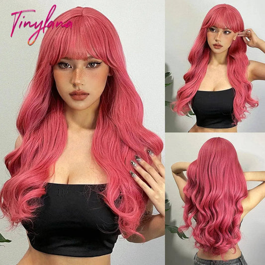 Light Pink Long Wavy Cosplay Synthetic Hair Wigs with Bangs for White Women Afro Lolita Water Wave Halloween Heat Reisitant Wig - SS69
