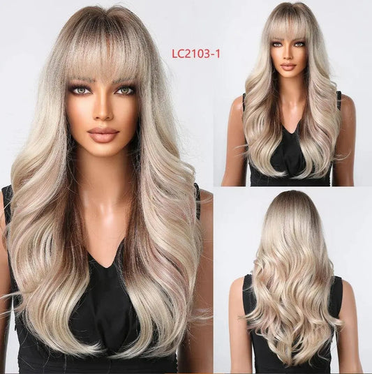 Light Pink Long Wavy Cosplay Synthetic Hair Wigs with Bangs for White Women Afro Lolita Water Wave Halloween Heat Reisitant Wig - SS69