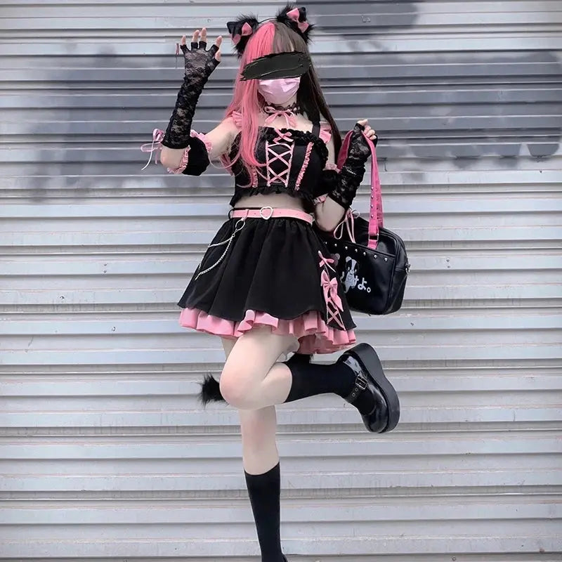 Lolita Girls Sweet Tank Top And Skirt 2-piece set High Waist Ruffles Bow Pleated Skirt Harajuku Cute Cake Mini Skirts - SS69