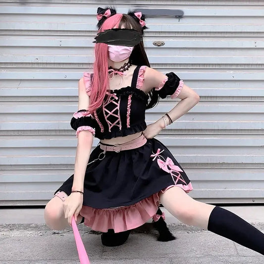 Lolita Girls Sweet Tank Top And Skirt 2-piece set High Waist Ruffles Bow Pleated Skirt Harajuku Cute Cake Mini Skirts - SS69