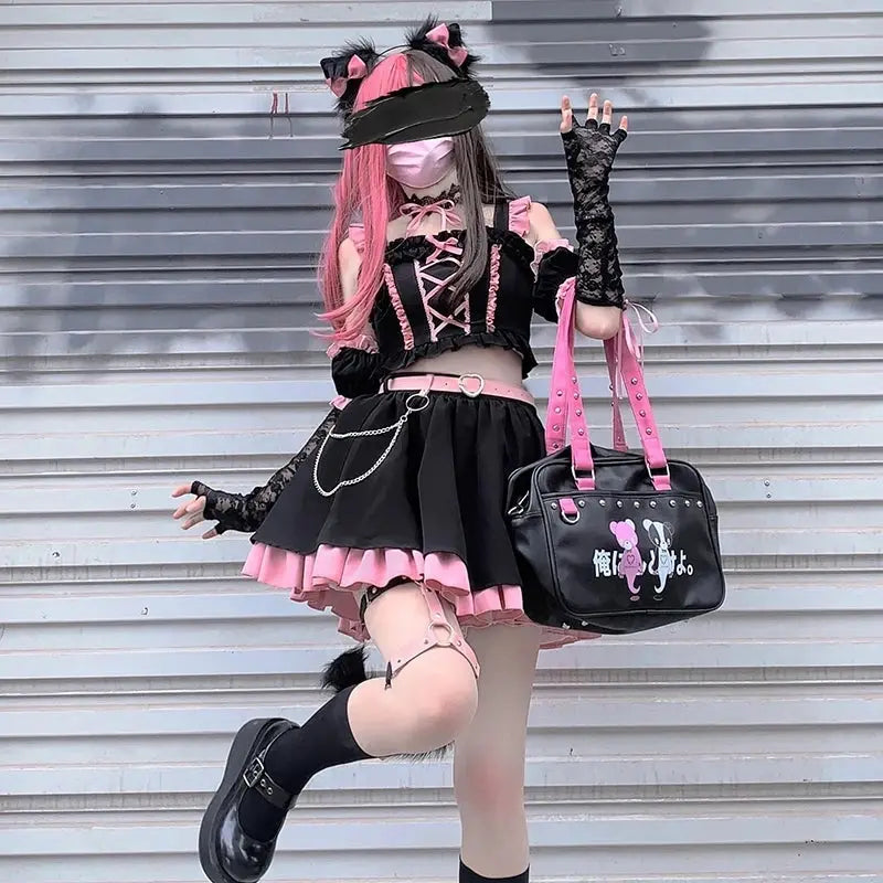 Lolita Girls Sweet Tank Top And Skirt 2-piece set High Waist Ruffles Bow Pleated Skirt Harajuku Cute Cake Mini Skirts - SS69