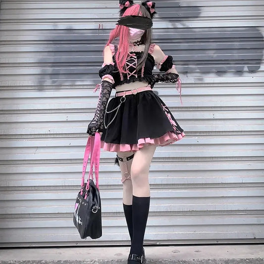 Lolita Girls Sweet Tank Top And Skirt 2-piece set High Waist Ruffles Bow Pleated Skirt Harajuku Cute Cake Mini Skirts - SS69