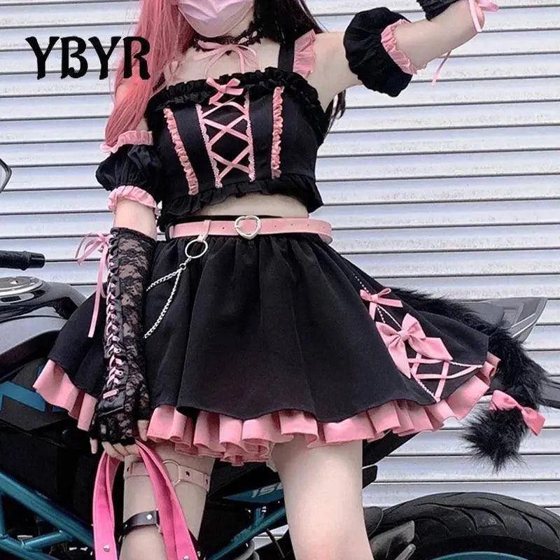 Lolita Girls Sweet Tank Top And Skirt 2-piece set High Waist Ruffles Bow Pleated Skirt Harajuku Cute Cake Mini Skirts - SS69