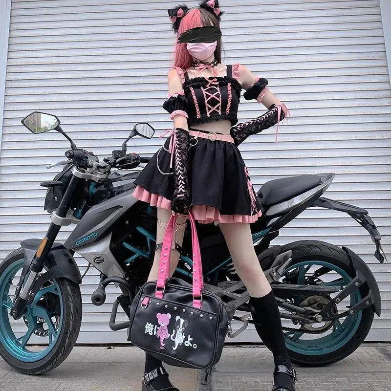 Lolita Girls Sweet Tank Top And Skirt 2-piece set High Waist Ruffles Bow Pleated Skirt Harajuku Cute Cake Mini Skirts - SS69