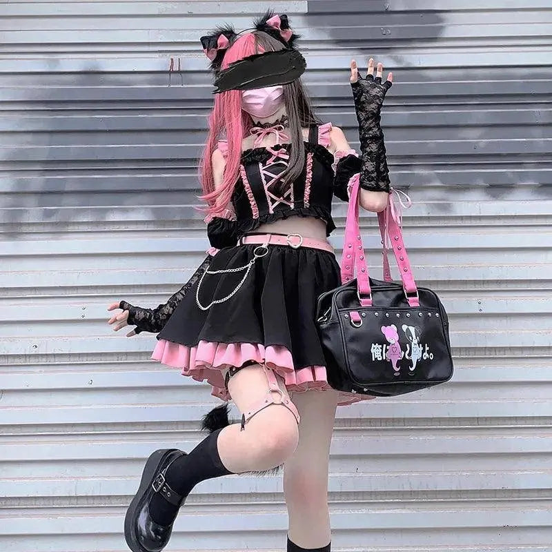 Lolita Girls Sweet Tank Top And Skirt 2-piece set High Waist Ruffles Bow Pleated Skirt Harajuku Cute Cake Mini Skirts - SS69