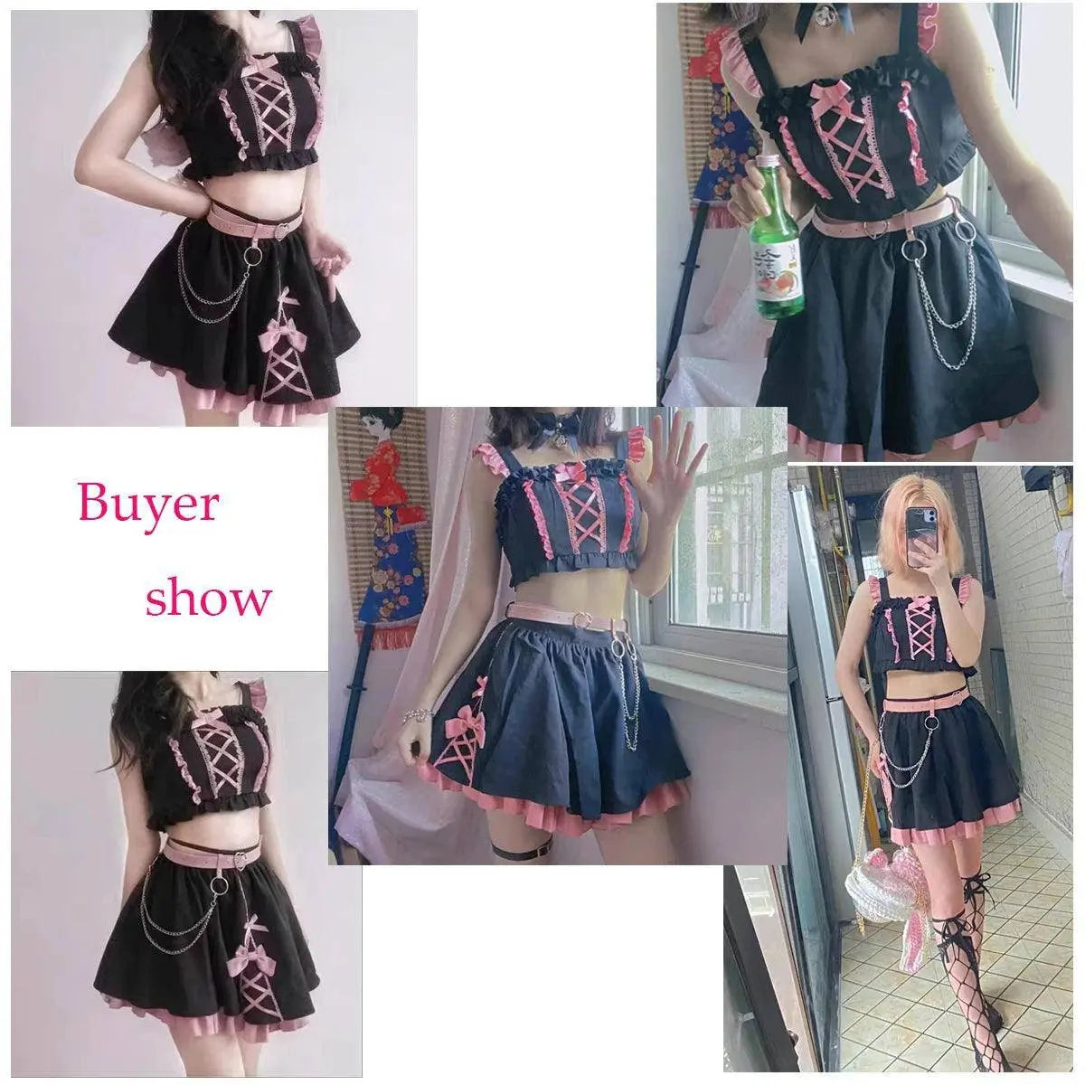 Lolita Girls Sweet Tank Top And Skirt 2-piece set High Waist Ruffles Bow Pleated Skirt Harajuku Cute Cake Mini Skirts - SS69