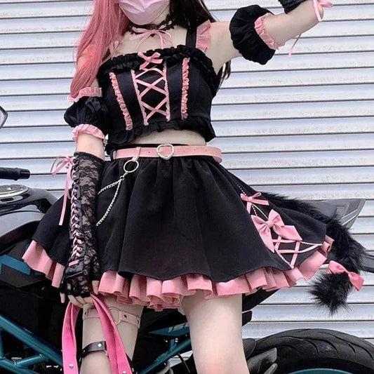 Lolita Girls Sweet Tank Top And Skirt 2-piece set High Waist Ruffles Bow Pleated Skirt Harajuku Cute Cake Mini Skirts - SS69