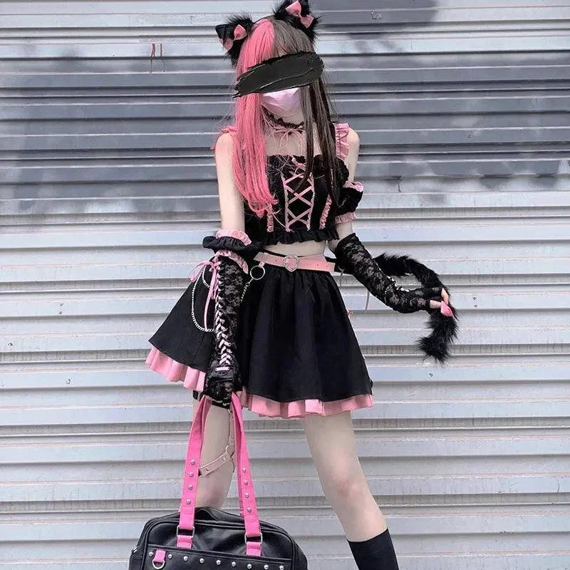 Lolita Girls Sweet Tank Top And Skirt 2-piece set High Waist Ruffles Bow Pleated Skirt Harajuku Cute Cake Mini Skirts - SS69