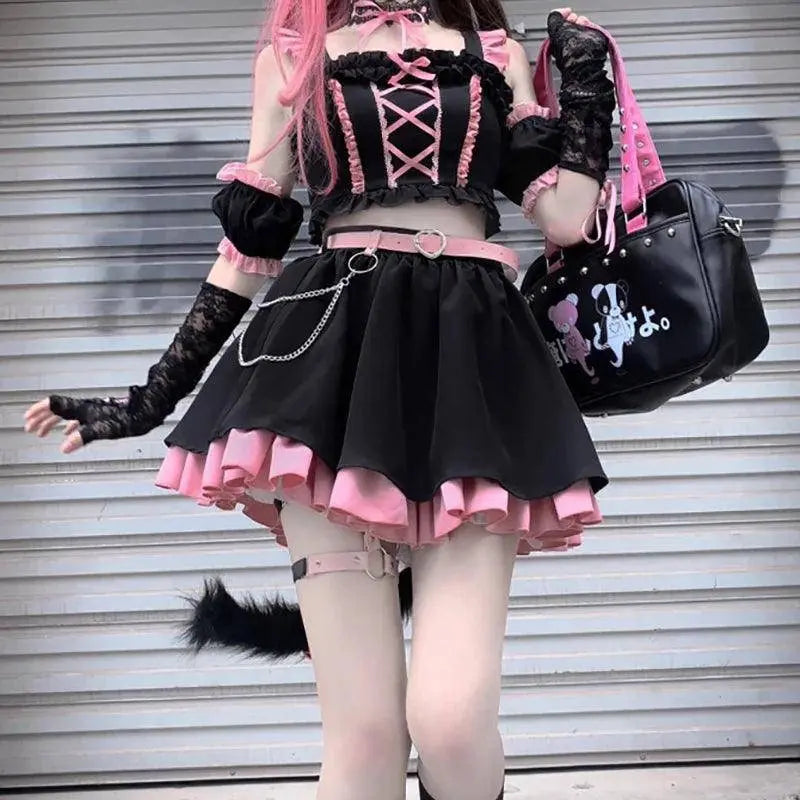 Lolita Girls Sweet Tank Top And Skirt 2-piece set High Waist Ruffles Bow Pleated Skirt Harajuku Cute Cake Mini Skirts - SS69