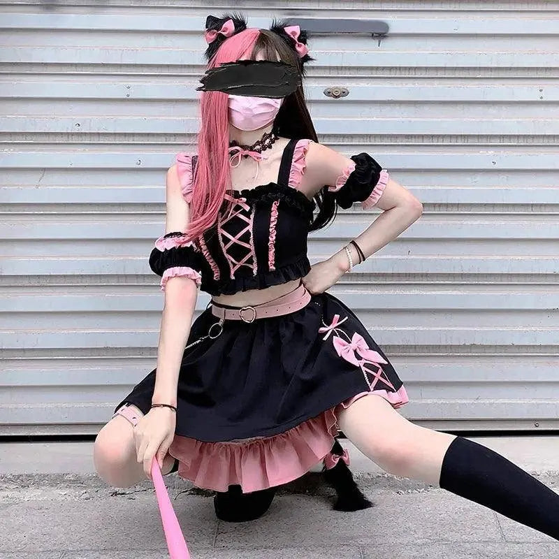 Lolita Girls Sweet Tank Top And Skirt 2-piece set High Waist Ruffles Bow Pleated Skirt Harajuku Cute Cake Mini Skirts - SS69