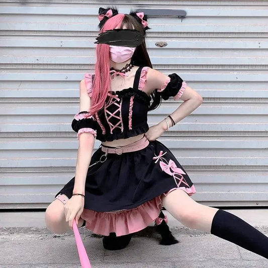 Lolita Girls Sweet Tank Top And Skirt 2-piece set High Waist Ruffles Bow Pleated Skirt Harajuku Cute Cake Mini Skirts - SS69