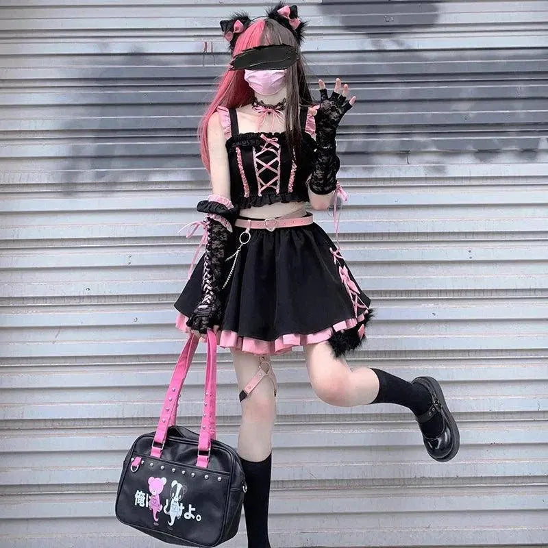 Lolita Girls Sweet Tank Top And Skirt 2-piece set High Waist Ruffles Bow Pleated Skirt Harajuku Cute Cake Mini Skirts - SS69
