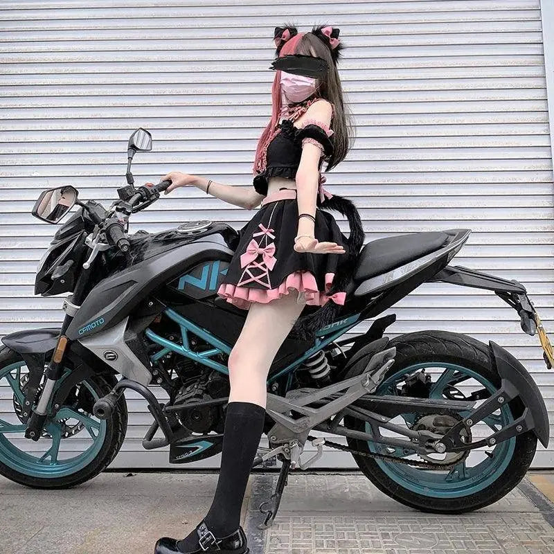 Lolita Girls Sweet Tank Top And Skirt 2-piece set High Waist Ruffles Bow Pleated Skirt Harajuku Cute Cake Mini Skirts - SS69