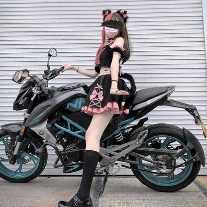 Lolita Girls Sweet Tank Top And Skirt 2-piece set High Waist Ruffles Bow Pleated Skirt Harajuku Cute Cake Mini Skirts - SS69