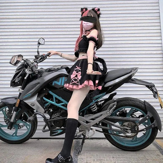 Lolita Girls Sweet Tank Top And Skirt 2-piece set High Waist Ruffles Bow Pleated Skirt Harajuku Cute Cake Mini Skirts - SS69