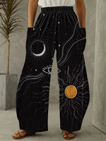 Long Length Wide Leg Pants, Sun & Moon Print Elastic Waist Casual Pants With Pockets, Women's Clothing SS69