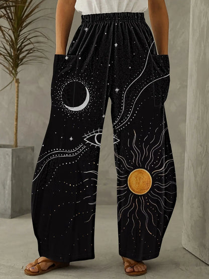 Long Length Wide Leg Pants, Sun & Moon Print Elastic Waist Casual Pants With Pockets, Women's Clothing SS69