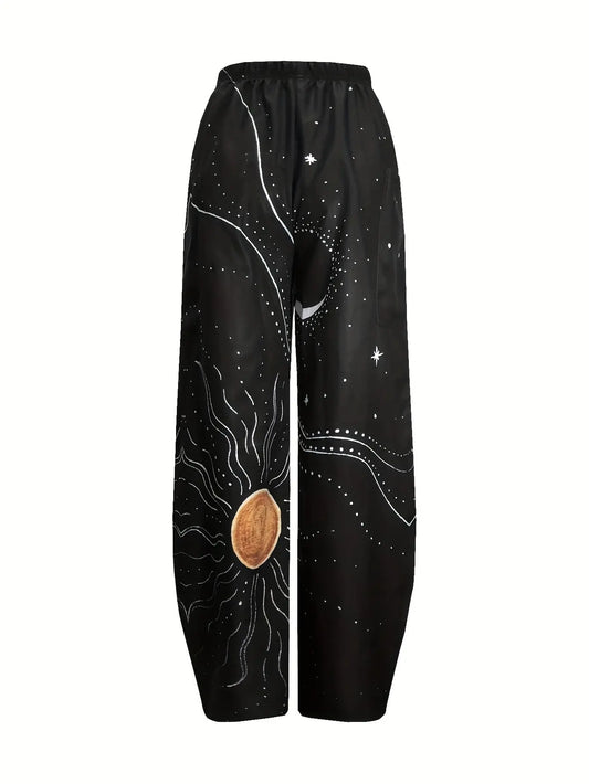 Long Length Wide Leg Pants, Sun & Moon Print Elastic Waist Casual Pants With Pockets, Women's Clothing SS69