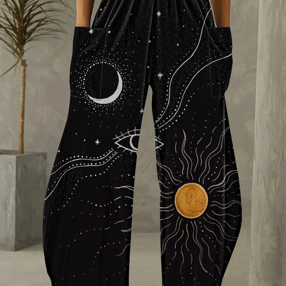 Long Length Wide Leg Pants, Sun & Moon Print Elastic Waist Casual Pants With Pockets, Women's Clothing SS69 13.69 Multicolor / XXL(14)