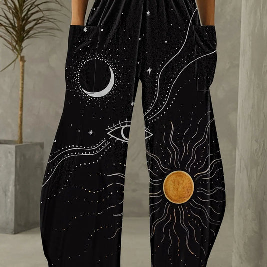 Long Length Wide Leg Pants, Sun & Moon Print Elastic Waist Casual Pants With Pockets, Women's Clothing SS69 13.69 Multicolor / XXL(14)