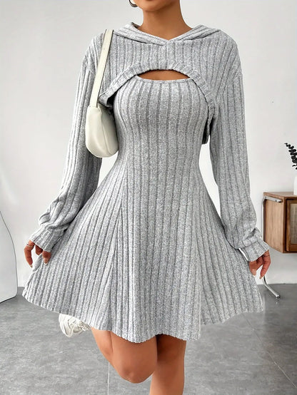 Long Sleeve Solid Color Ribbed Hoodie Shrug Top & Sleeveless Square Neck A-line Tank Dress Set, Women's Clothing Outfits SS69