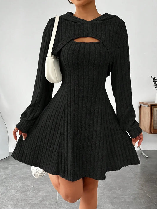 Long Sleeve Solid Color Ribbed Hoodie Shrug Top & Sleeveless Square Neck A-line Tank Dress Set, Women's Clothing Outfits SS69