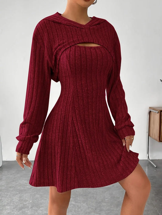 Long Sleeve Solid Color Ribbed Hoodie Shrug Top & Sleeveless Square Neck A-line Tank Dress Set, Women's Clothing Outfits SS69