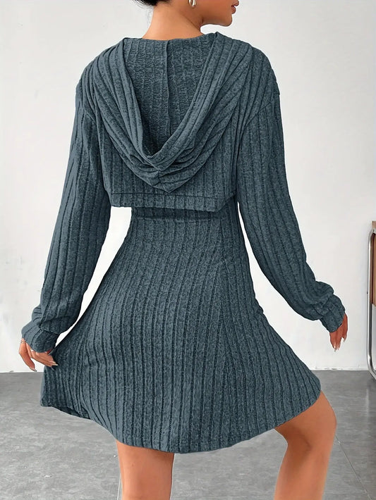 Long Sleeve Solid Color Ribbed Hoodie Shrug Top & Sleeveless Square Neck A-line Tank Dress Set, Women's Clothing Outfits SS69