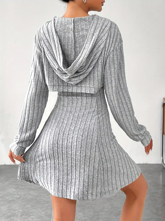 Long Sleeve Solid Color Ribbed Hoodie Shrug Top & Sleeveless Square Neck A-line Tank Dress Set, Women's Clothing Outfits SS69