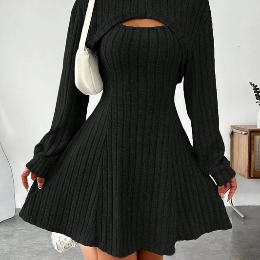 Long Sleeve Solid Color Ribbed Hoodie Shrug Top & Sleeveless Square Neck A-line Tank Dress Set, Women's Clothing Outfits SS69 21.69 Black / XL(12)