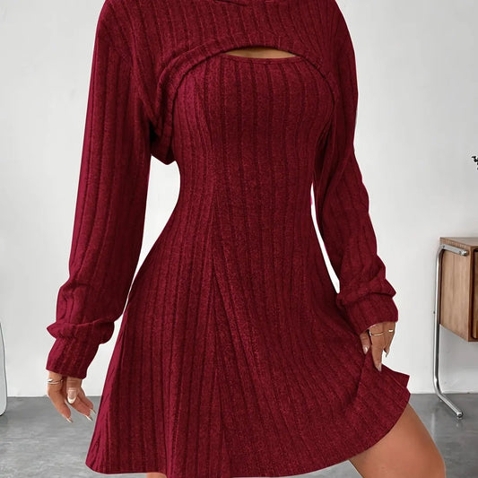 Long Sleeve Solid Color Ribbed Hoodie Shrug Top & Sleeveless Square Neck A-line Tank Dress Set, Women's Clothing Outfits SS69 21.69 Burgundy / XL(12)