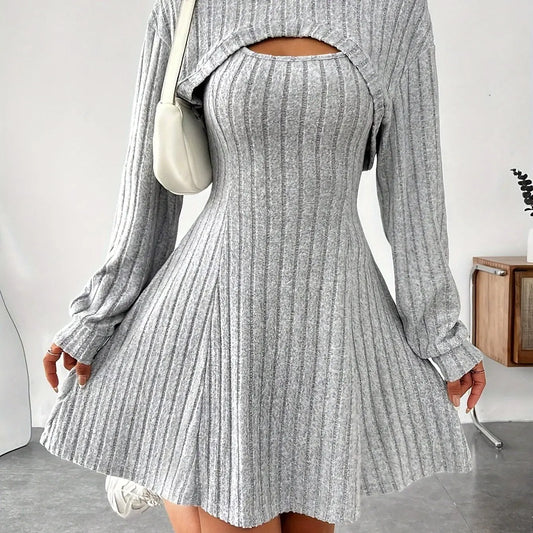 Long Sleeve Solid Color Ribbed Hoodie Shrug Top & Sleeveless Square Neck A-line Tank Dress Set, Women's Clothing Outfits SS69 21.69 grey / XL(12)