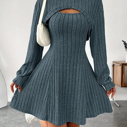 Long Sleeve Solid Color Ribbed Hoodie Shrug Top & Sleeveless Square Neck A-line Tank Dress Set, Women's Clothing Outfits SS69 22.69 Sea Blue / XL(12)