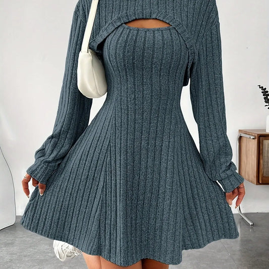 Long Sleeve Solid Color Ribbed Hoodie Shrug Top & Sleeveless Square Neck A-line Tank Dress Set, Women's Clothing Outfits SS69 22.69 Sea Blue / XL(12)