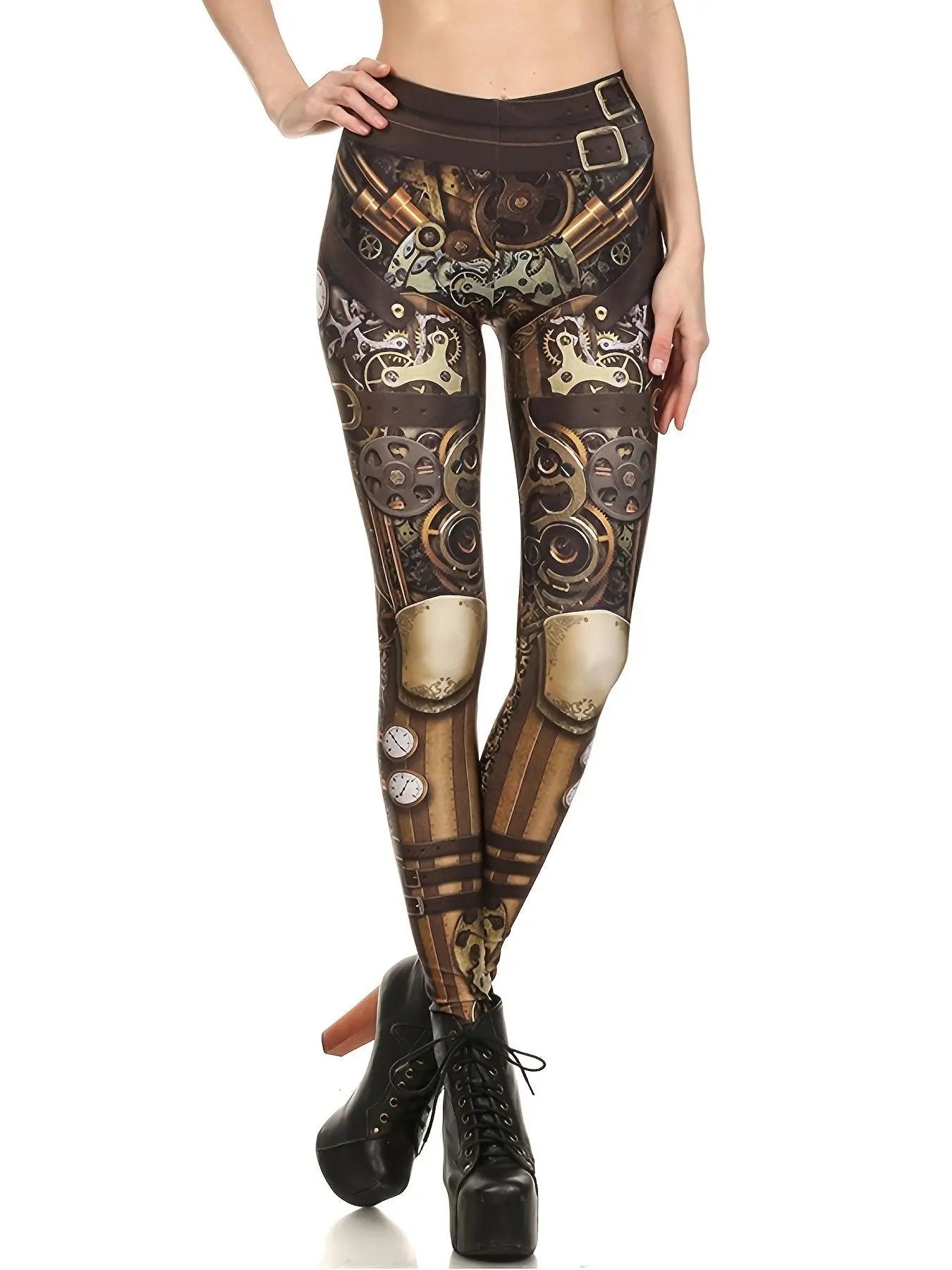 Machine Graphic Print Leggings, High Waist Casual Every Day Sports Pants, Women's Clothing SS69