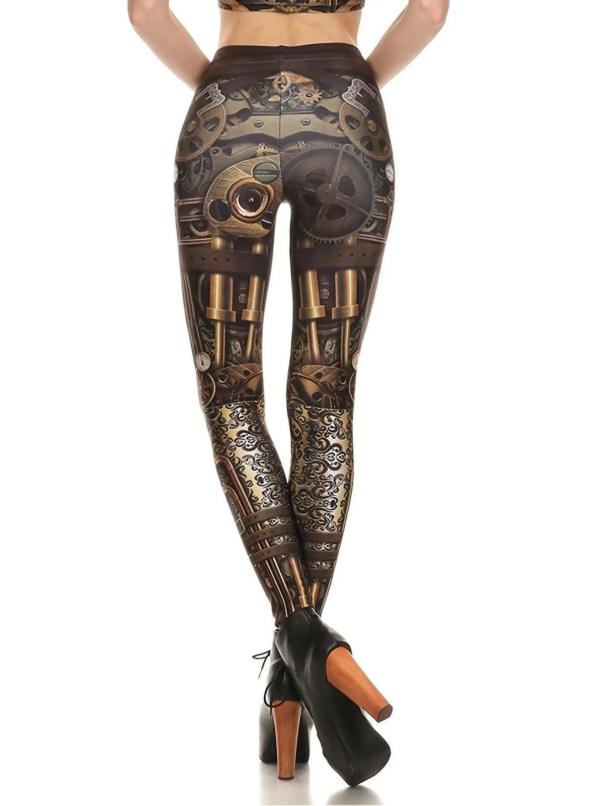 Machine Graphic Print Leggings, High Waist Casual Every Day Sports Pants, Women's Clothing SS69