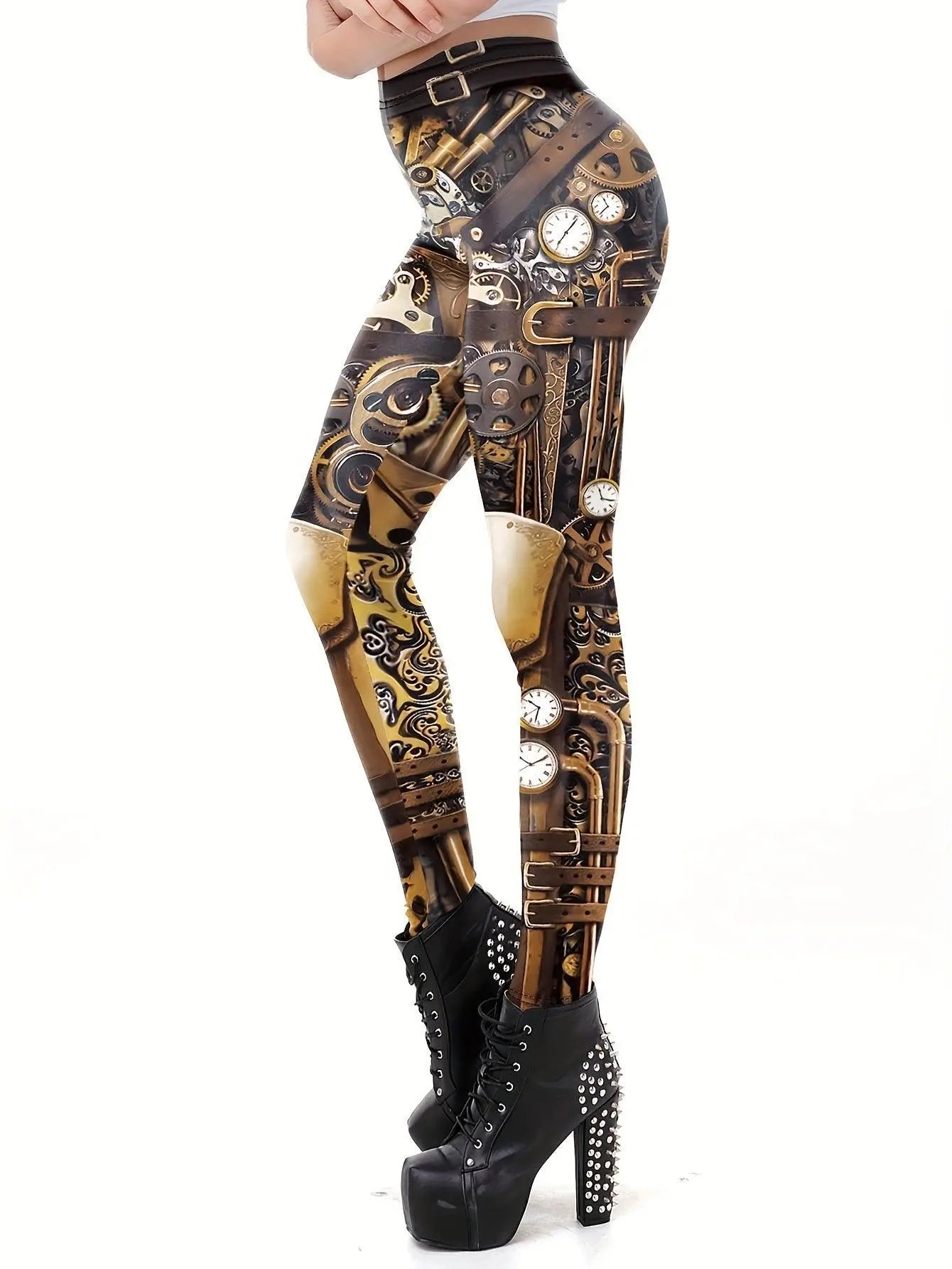 Machine Graphic Print Leggings, High Waist Casual Every Day Sports Pants, Women's Clothing SS69