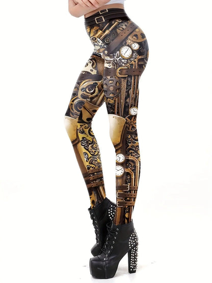 Machine Graphic Print Leggings, High Waist Casual Every Day Sports Pants, Women's Clothing SS69
