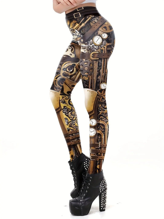 Machine Graphic Print Leggings, High Waist Casual Every Day Sports Pants, Women's Clothing SS69