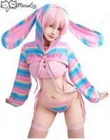 Meowcos Women Sexy Lingerie Set Rainbow Bunny Ear Long Sleeve Top and Vest Panty Set with Fishnet Stockings and Chains Costumes - SS69