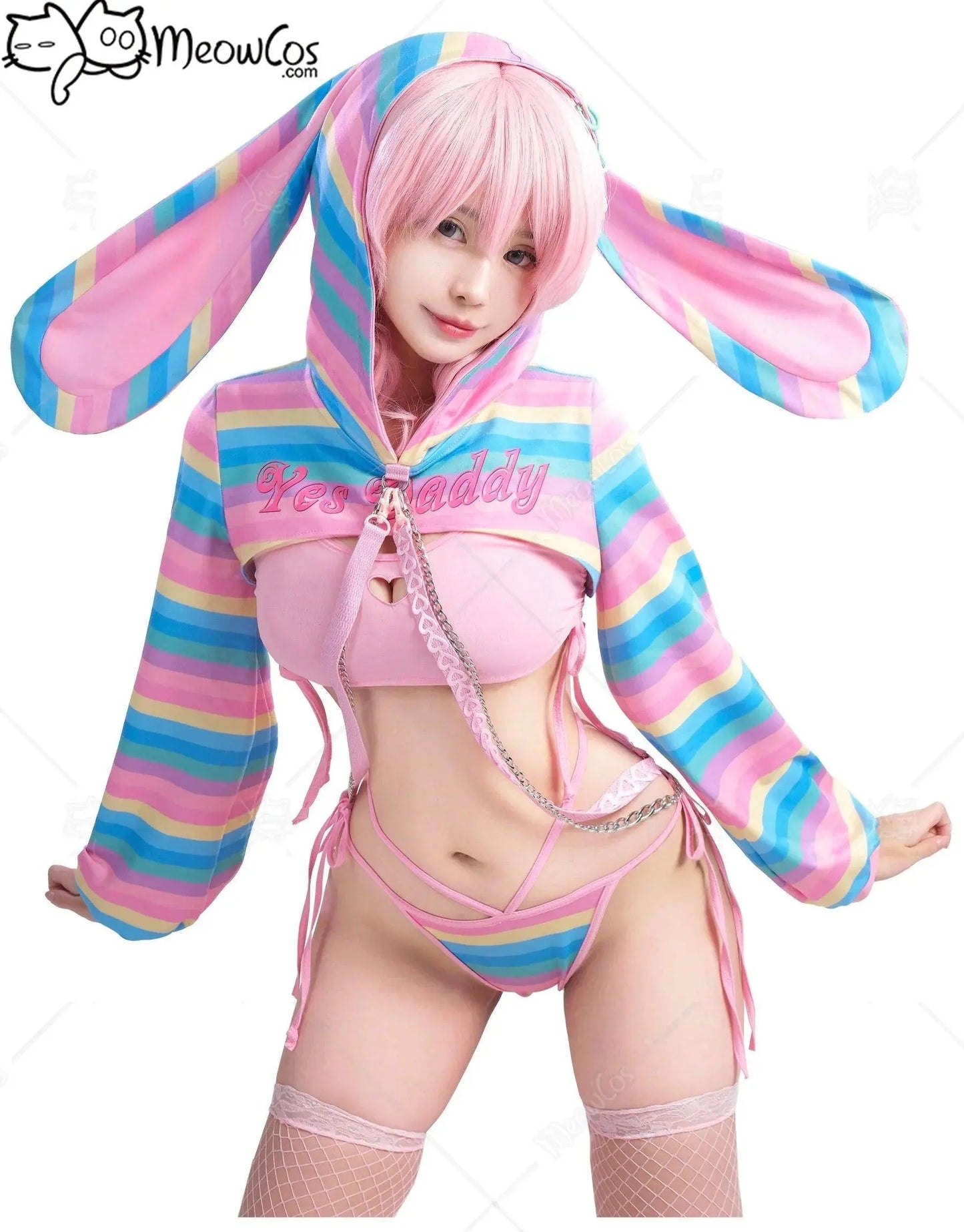Meowcos Women Sexy Lingerie Set Rainbow Bunny Ear Long Sleeve Top and Vest Panty Set with Fishnet Stockings and Chains Costumes - SS69
